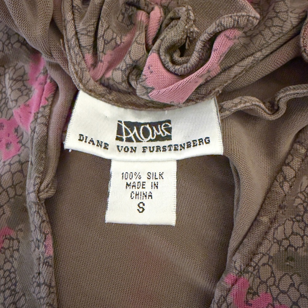 Diane von Furstenberg 100% Silk Wrap Top Ruffle Trim Floral Brown Vintage S - Picture 3 of 12